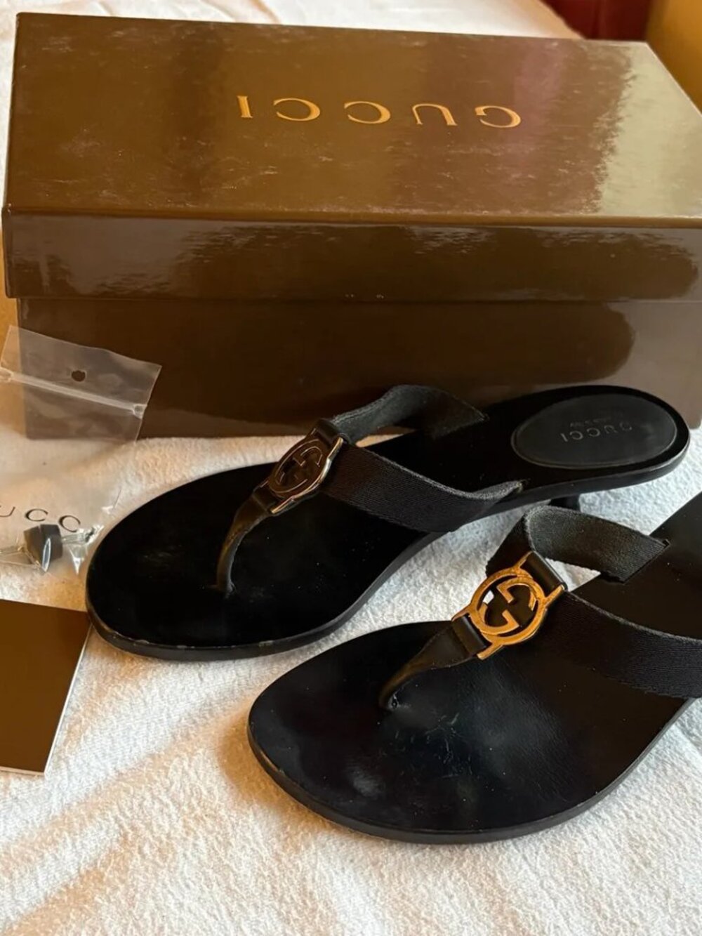 Gucci Black Leather & Nylon Thong Sandals with Interlocking GG Logo
